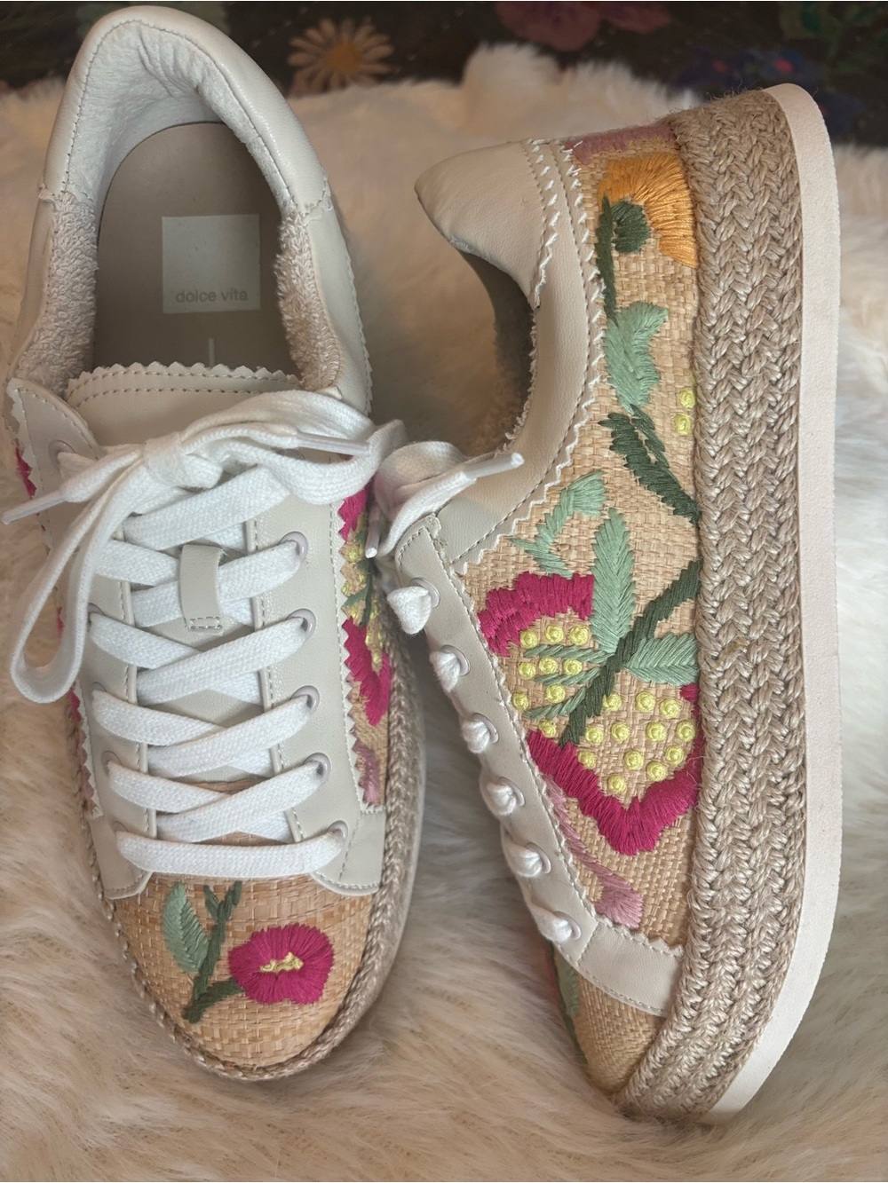 Dolce Vita White Sneakers with Pink and Yellow Floral Embroidery
